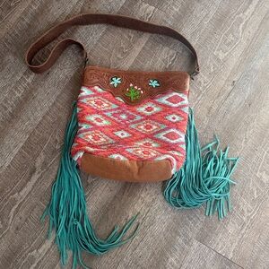 Boho Fringe Crossbody Myra Bag with Aztec Pattern